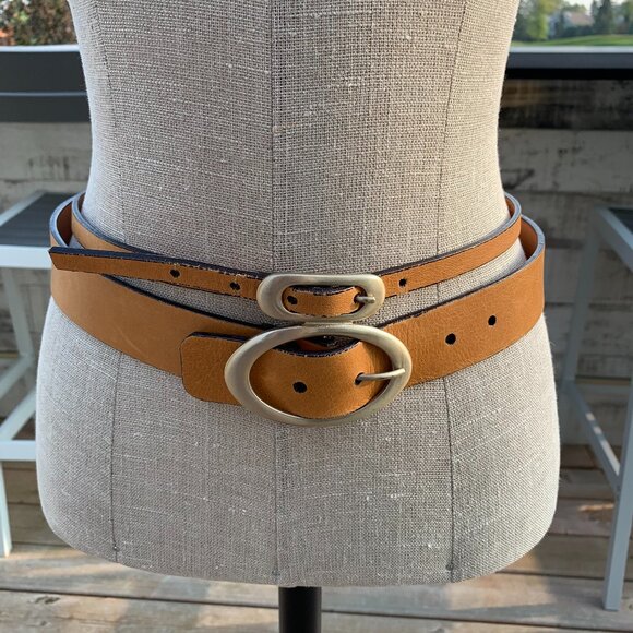Brave Vintage 90s Y2K Tan Leather Gold Buckle Double Wide Skinny Belt - Picture 1 of 14